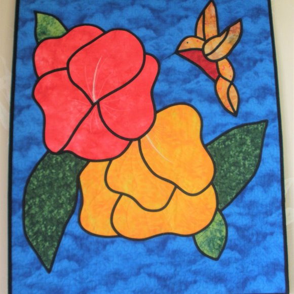 Quilted Fusible Applique Hummingbird Hibiscus 29 1/4" x 23 1/4" Handmade Panel - Picture 1 of 16